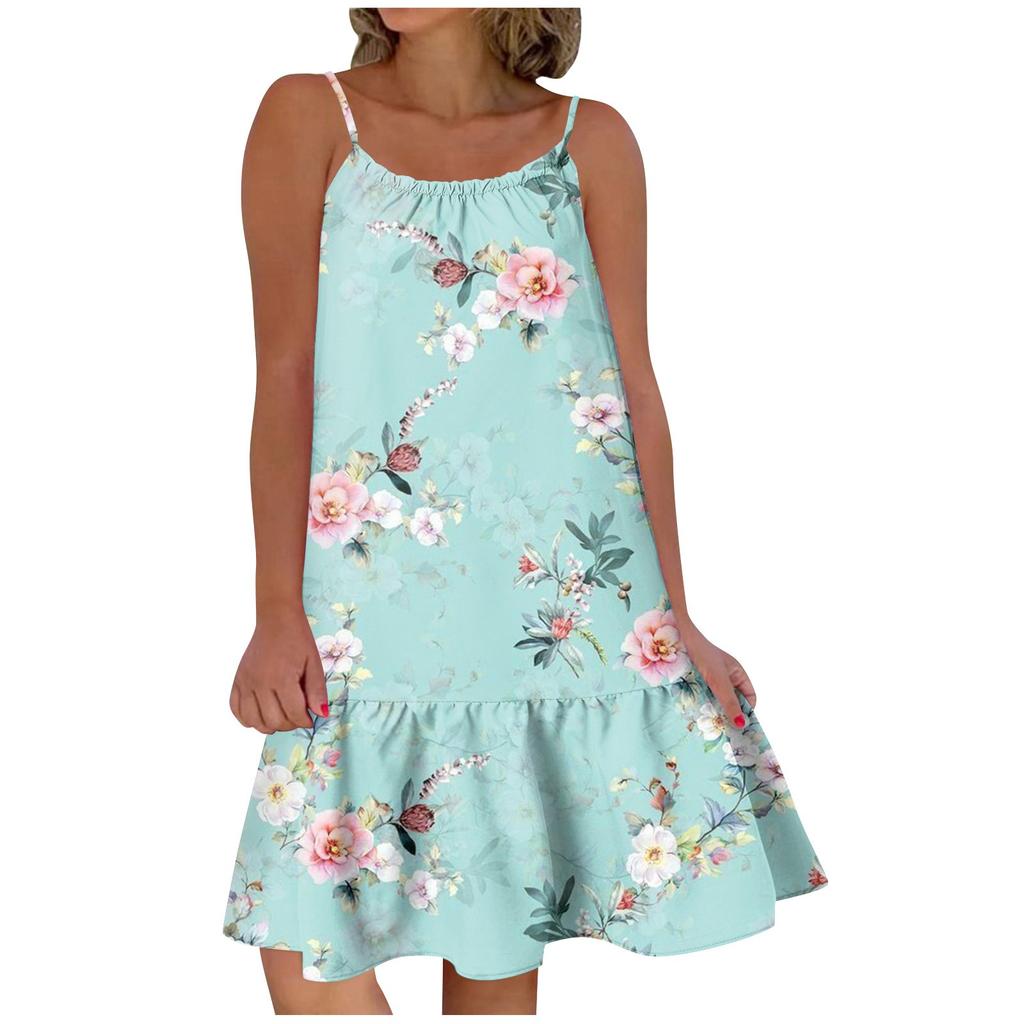 Women's Round Neck Strap Sleeveless Printed Dress Short A-line Large Swing Dress