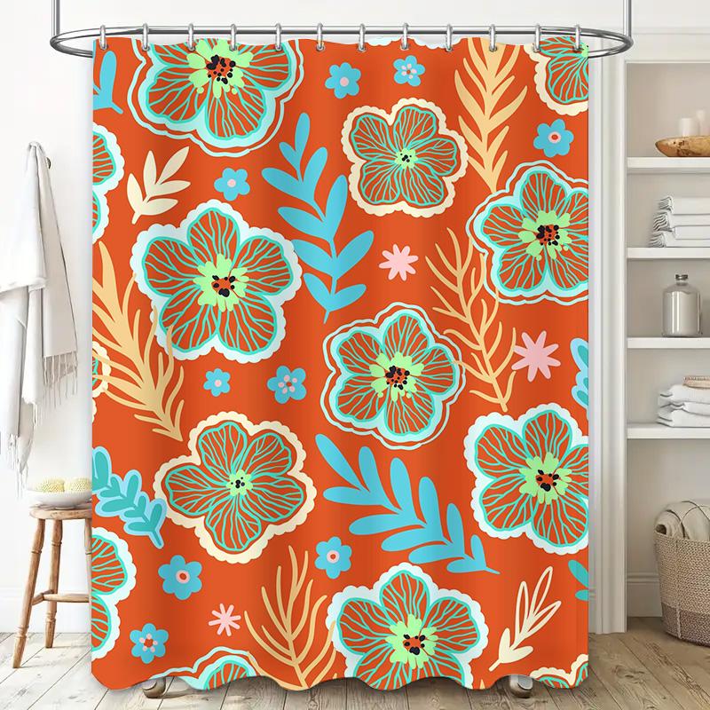 Rustic Floral Shower Curtain Orange Blue Print Bath Decor Fabric Waterproof Home Decoration 72x84 In (180X213 CM)