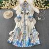 Spring Autumn Women Vintage Print Runway Dresses Stand Full Sleeve Single Breasted Long Maxi Holiday Party Dress With Belt