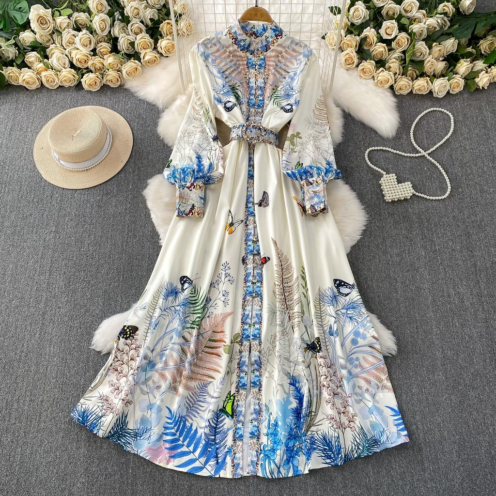 Spring Autumn Women Vintage Print Runway Dresses Stand Full Sleeve Single Breasted Long Maxi Holiday Party Dress With Belt