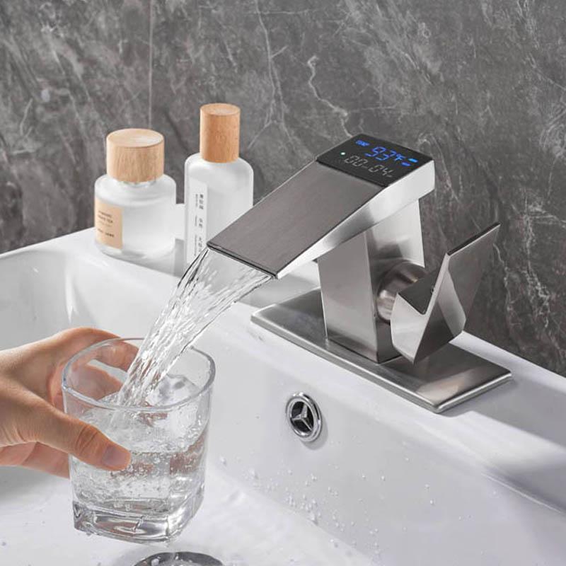 Bathroom Basin Faucet With Led Digital Display temperatureTaps Basin Deck Mounted Sink Waterfall Mixers