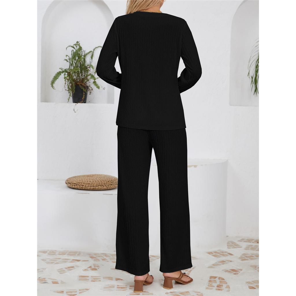 Women's Sets Casual Loose Knitted Jacquard Long-sleeved Crew Neck Top High Waist Drawstring Trousers