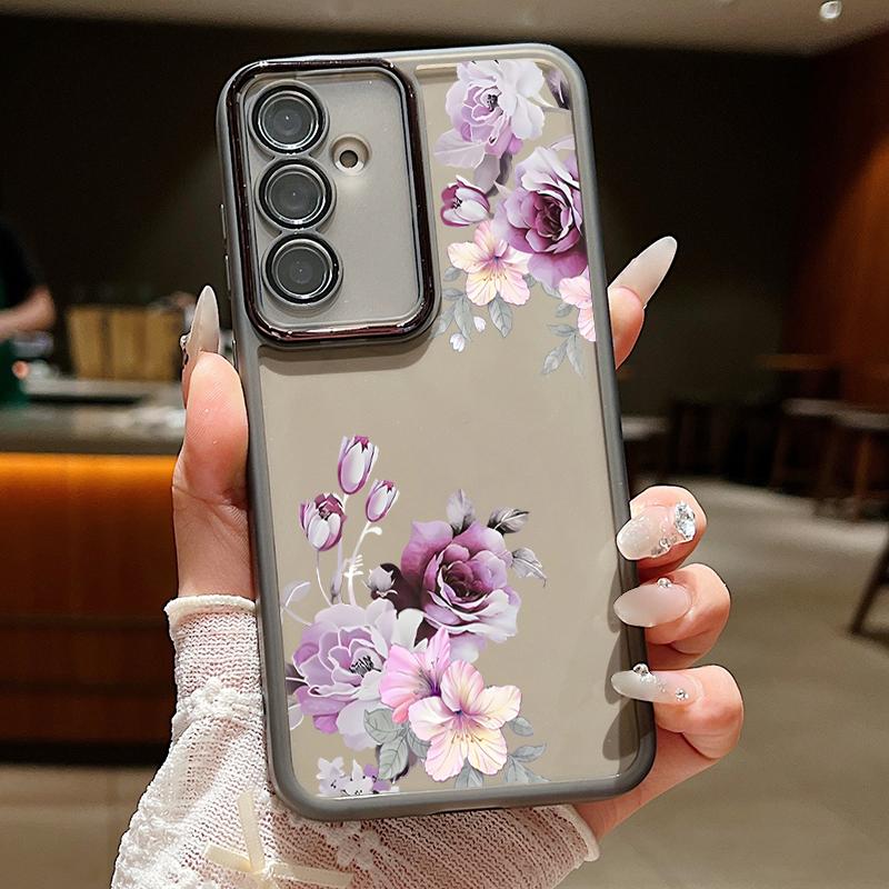 Floral Print Clear Silicone Soft Phone Case For Samsung S25 Ultra S24 FE S23 Plus A56 A36 A16 A55 A15 Slim Shockproof Lens Film Protection Cover