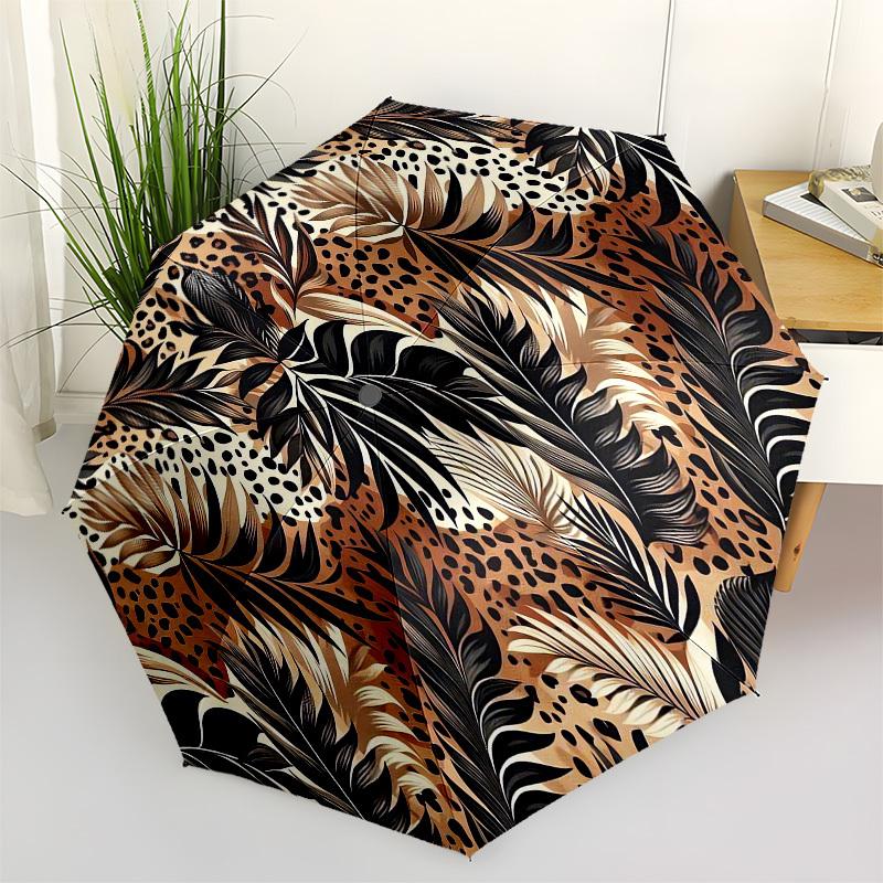 1pc Leopard Print Palm Leaves Pattern Umbrella with Plastic Handle,Compact & Stylish,Cartoon Pattern,Outdoor UmbrellaPT313