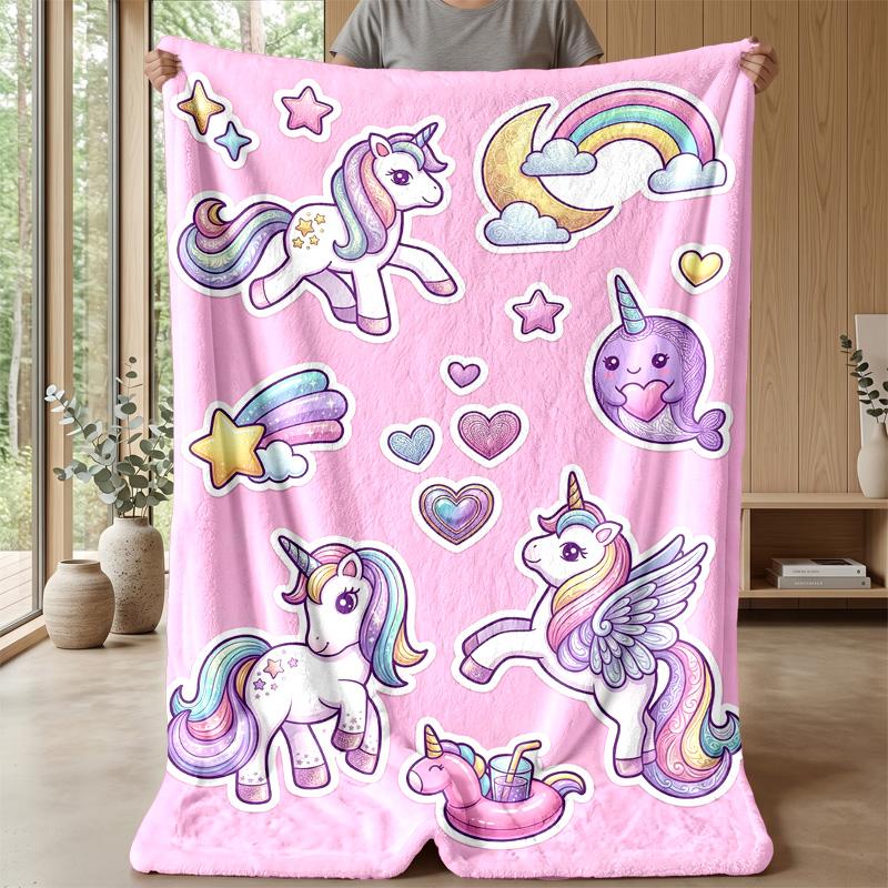 Fantasy Unicorn Stickers Theme Blanket Lightweight Warm Flannel Blanket Decorative Throw Blanket for Home Decoration