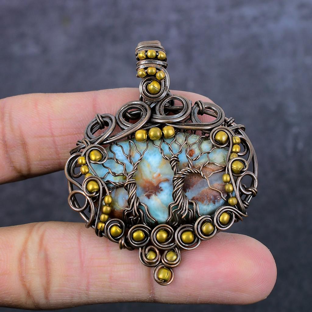 Natural Carebian Larimar Handmade Copper Wire Wrap Jewelry Pendant 2.36" s4Z84