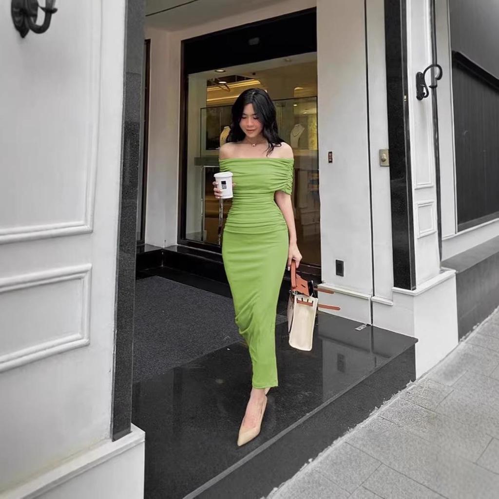 Spring Summer European & American Off-Shoulder Slit Long Dress - Slimming & Elegant Women's Formal Wear