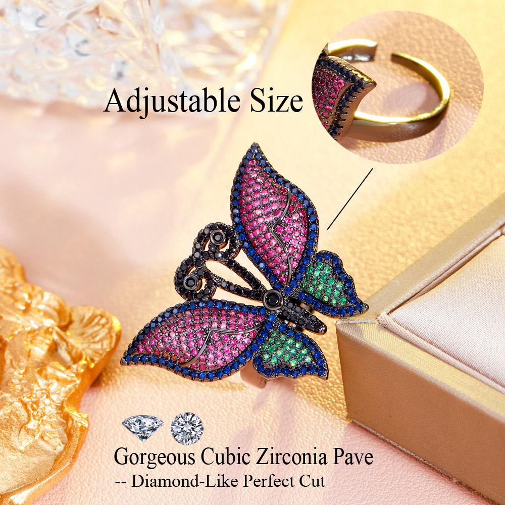 CMM Gioielli Ridimensionabile Grosso Rosso Verde Cubic Zirconia Asfaltata di Lusso Grande Farfalla Donne Festa di Nozze Anelli di Fidanzamento