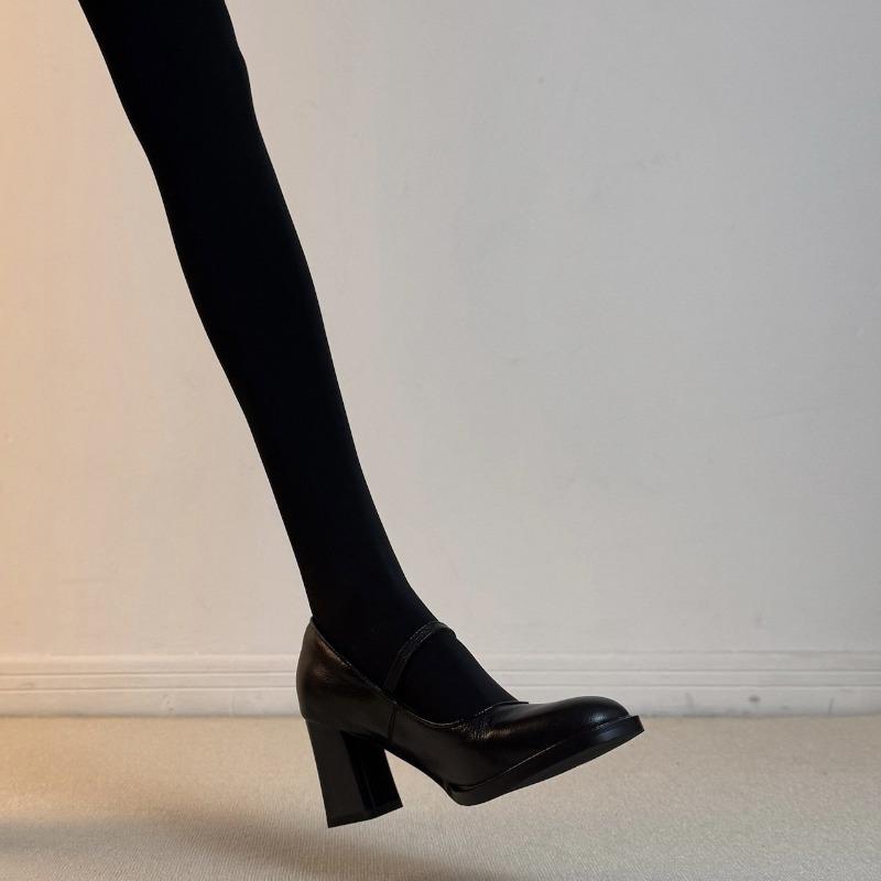 Cowhide French retro round head with thick heel Mary Jane shoes femininity elegant commuting small leather shoes