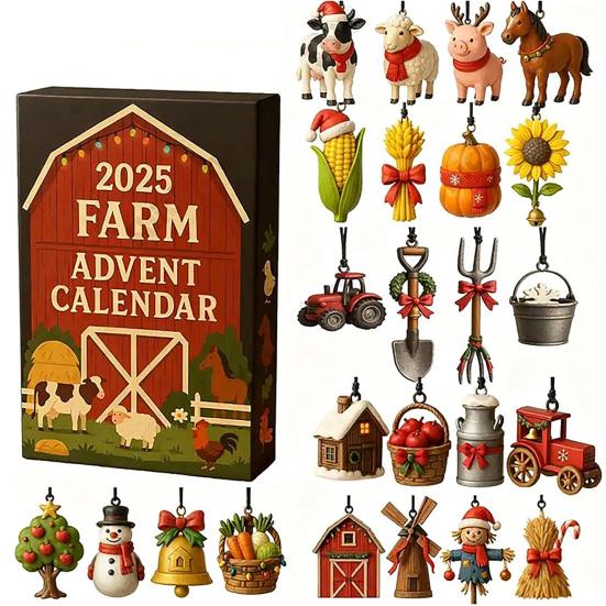 Calendar de Advent Fermă 2025 24 Zile Numărătoare Inversă Crăciun cu Ornamente Acrilice 2D Animale de Fermă Hambar Set Decorațiuni Agățat Pom de Crăciun