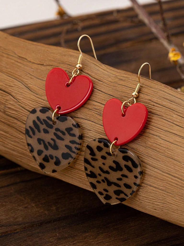 1 Pair Of Leopard Print Heart-Shaped Patchwork Earrings, Trendy And Fashionable Accessories, Versatile Earrings For Women'S Personality