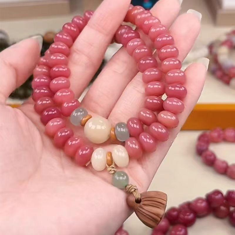 

b158 Original Handmade Antique Style Pink Bodhi Bracelet Devout Temperament Double Circles Lotus Buddha Beads Hand String Lucky
