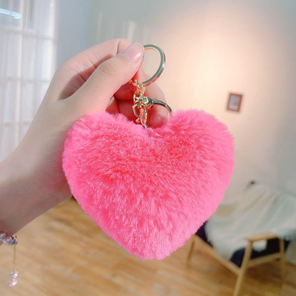 Love Heart Plush Bag Pendant Fluffy Ball Car Key Ring Imitation Rabbit Fur Solid Color Key Chain Bag Accessories