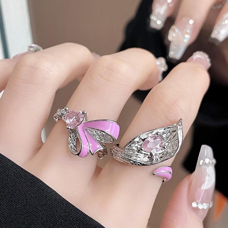 Bow Pink Water Drop Opening Ring Personality Light Luxury High Sense Fashion Trend Temperament Ring Elegant Jewelry
