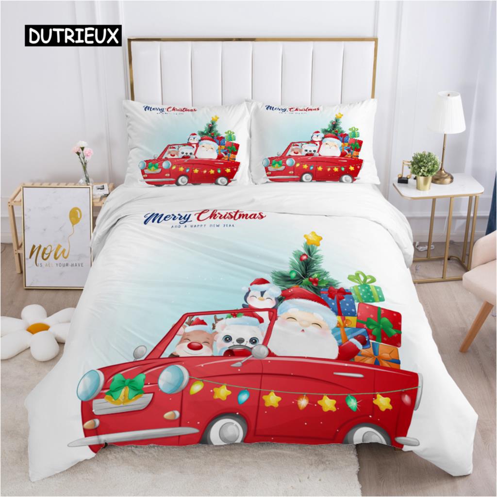 Merry Christmas King Queen Duvet Red Cartoon Santa Car Animals Bedding Set for Children Boy Girl Happy Holiday Theme Quilt Cover