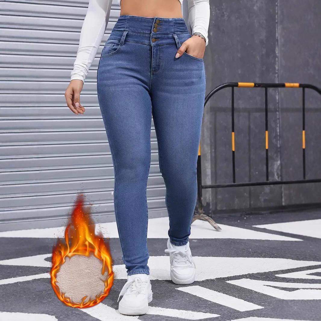 Women s Blue Slim-Fit Multi-Button Elastic Velvet Jeans Small
