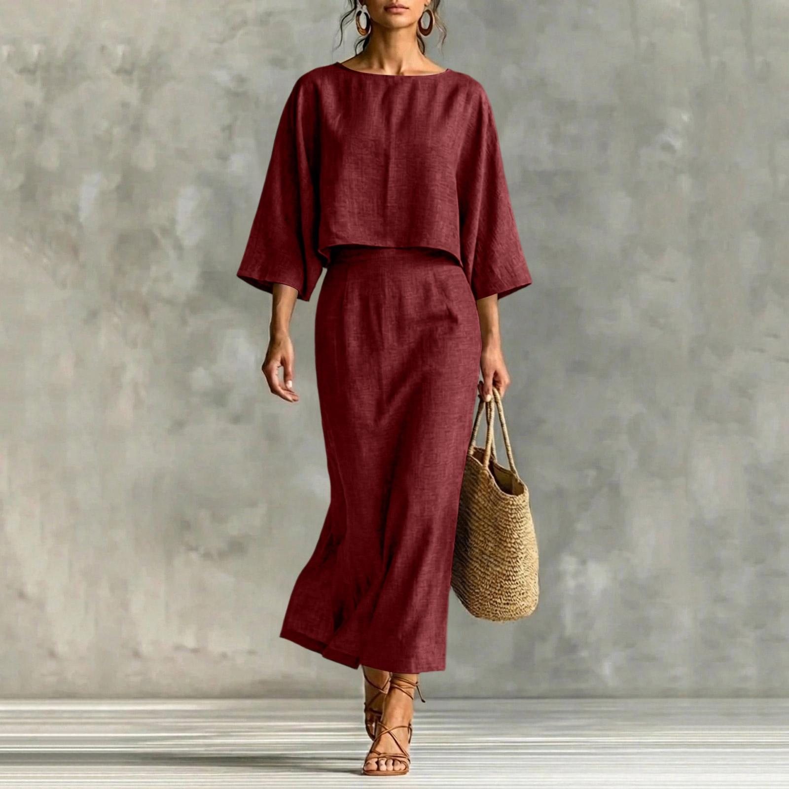 

Women s Fashionable Loose Round-neck Seven-inch Sleeve Pullover Top And High-waisted Mid-length Skirt Set XL винний