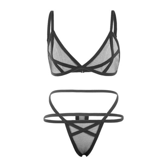 2 Pcs/Set Bra Panties Set See-through Mesh Hollow Out Solid Color Elastic Strap Decor Thin High Waist Wedding Night Honeymoon Underwear Set