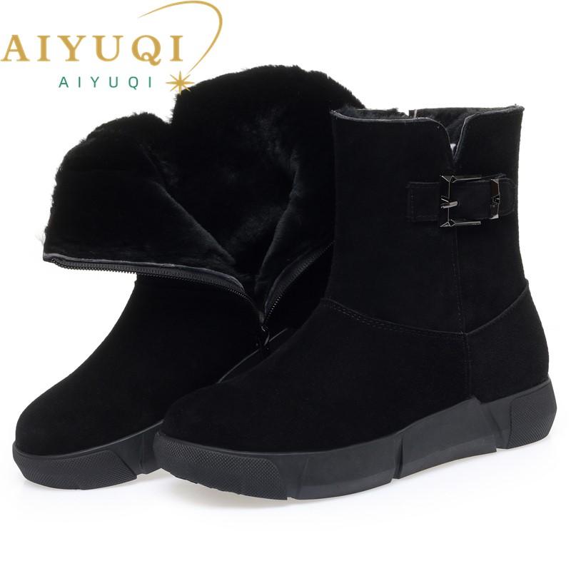 Botas de nieve para mujer, de piel auténtica, de lana natural, botas de invierno para mujer, botines cálidos de cuña de gran tamaño para mujer
