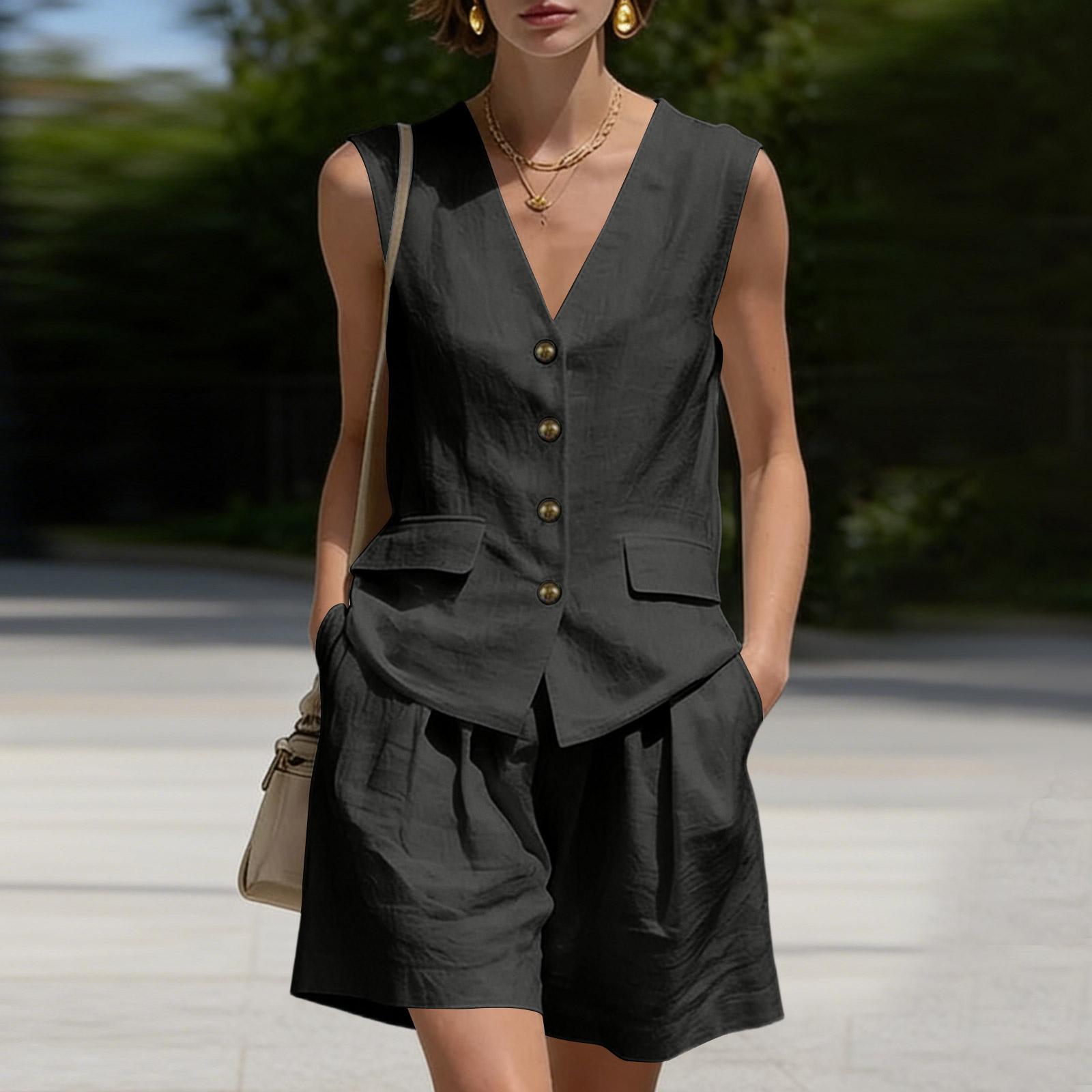 Women s Casual  And Elegant Cotton And Linen Vest With Shorts Two-piece Set M чёрный