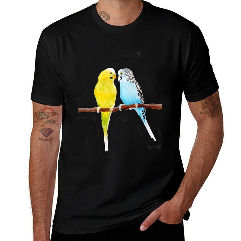 Two Budgies Watercolour Tshirt Casual Lightweight Short Sleeve Top