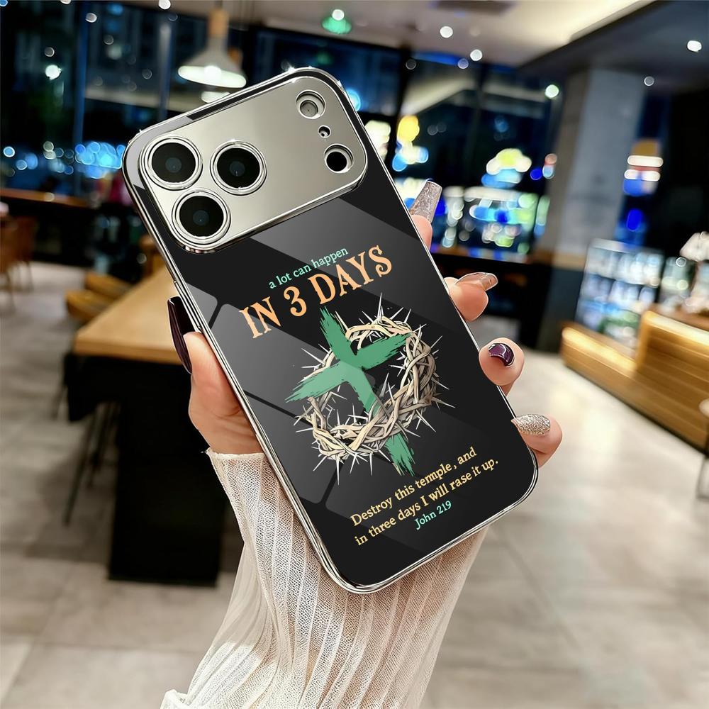 

Fashion God Cross Phone Case For iPhone 17 16 15 14 13 12 Pro Max Plus Electroplated Metal Shockproof Bumper Case Glass Back iPhone 14 Pro Max