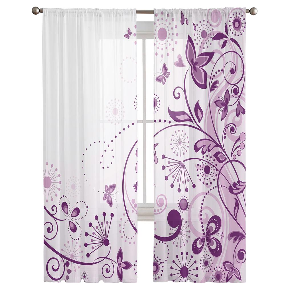 Flowers Butterfly Branches Purple White Tulle Window Treatment Sheer Curtains for Living Room the Bedroom Curtains Decoration