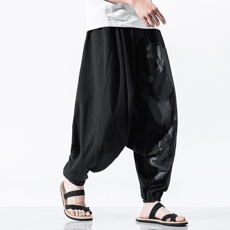 Men's Buddha-Style Loose-Fit Cotton & Linen Pants - Low Crotch, Nine-Point Baggy Japanese Design, Plus Size Available