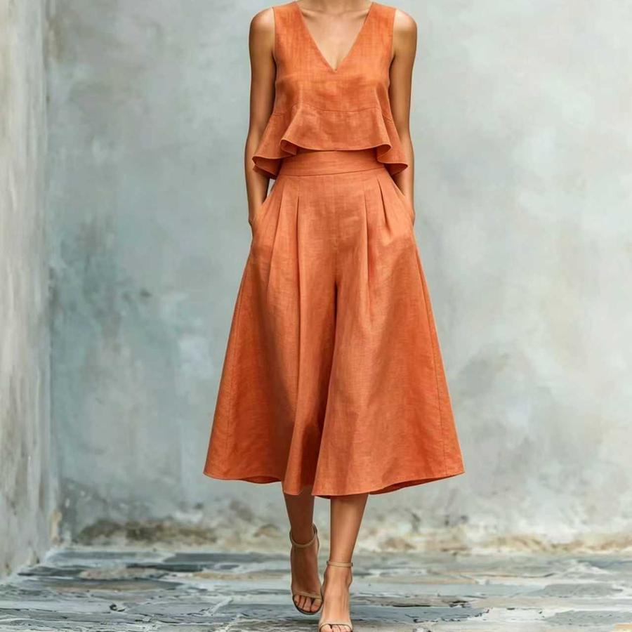 New Arrivals Summer Women's Linen Blend Two-Piece Set with Ruffles