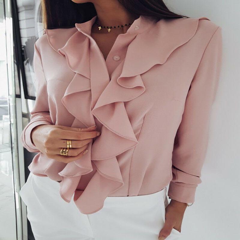 

Летняя блузка с оборками, женская, с длинным рукавом, однотонная, простая, женские офисные топы XL розовый