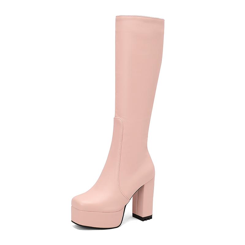 

High Waterproof Platform Square Toe Solid Color Side Zipper Women s Knee High Boots Super High Thick Heel Office Boots 39 рожевий