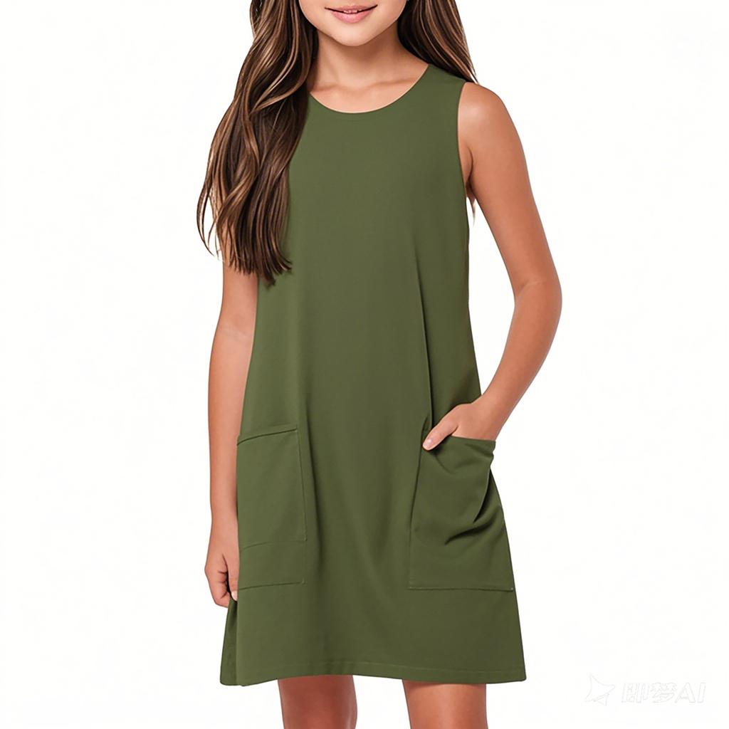 Girls Casual Sleeveless Solid Color Dress
