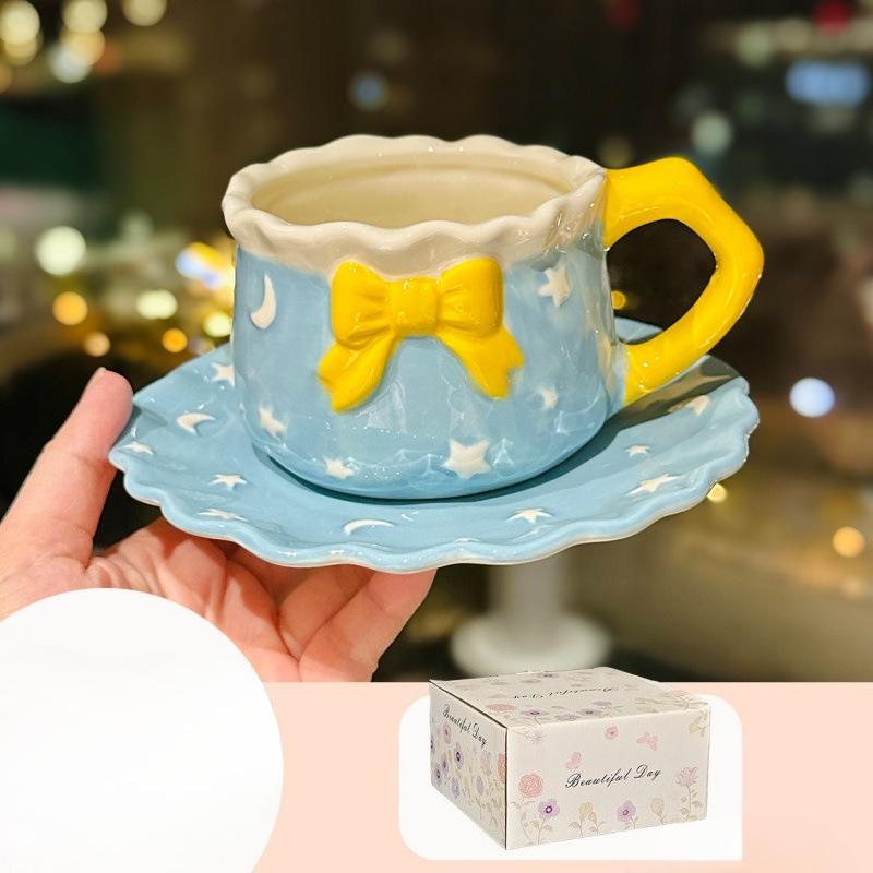 Kleine frische Sternenhimmel Tasse und Untertasse Keramik Kaffeetasse Büro Mädchen Herz Schleife Nachmittagstee Tasse und Untertasse Souvenir