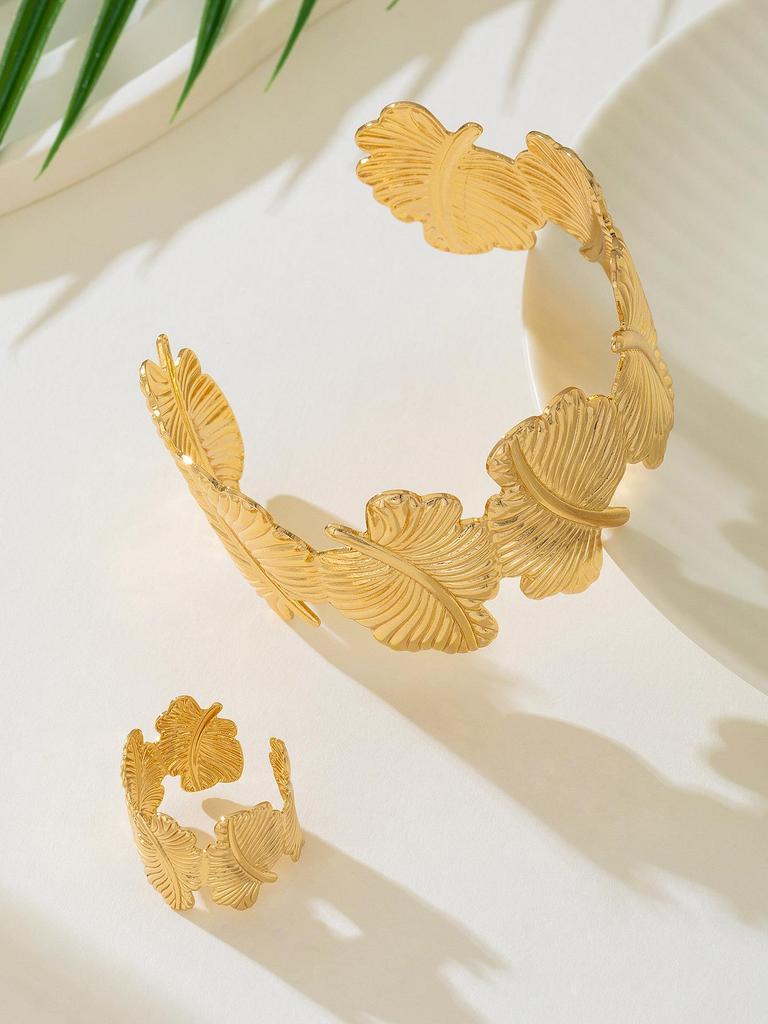 Retro Leaf Design Bracelet & Ring Set - Women’s Versatile High-End Accessory