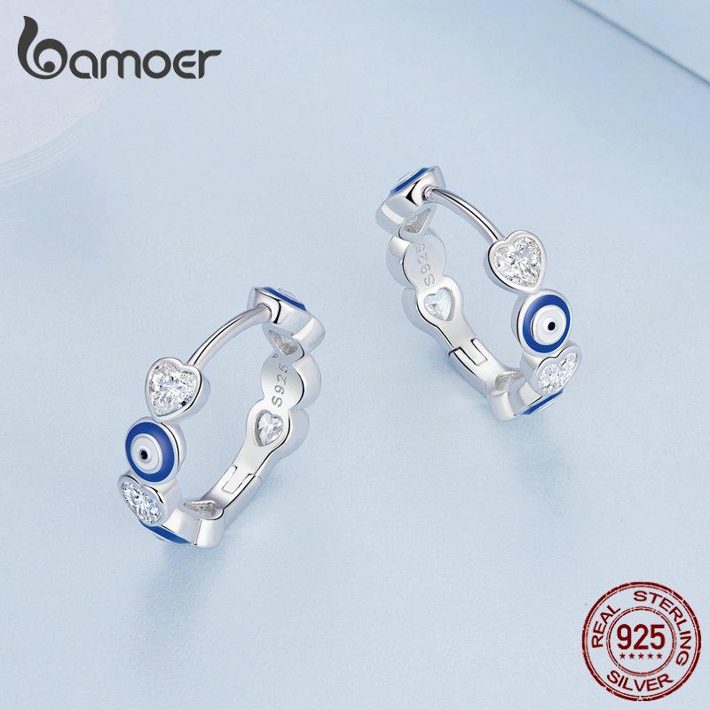 BAMOER 925 Sterling Silver Blue Evil Eye Ear Buckles Heart-shaped Zircon Hoop Earrings for Women Gift Fine Jewelry