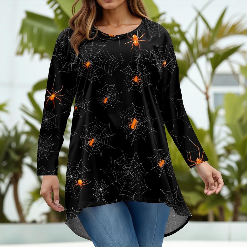 Women's Fashion Large Size Round Neck Long Sleeve Casual Halloween Print Loose Pullover Top