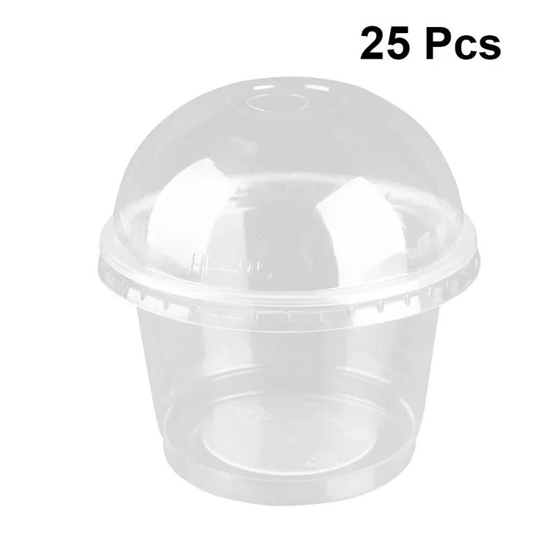 25Pcs 250Ml Disposable Salad Cup Transparent Plastic Dessert Bowl Container With Lid For Bar Cafe Domestic Use (Dome Hole)
