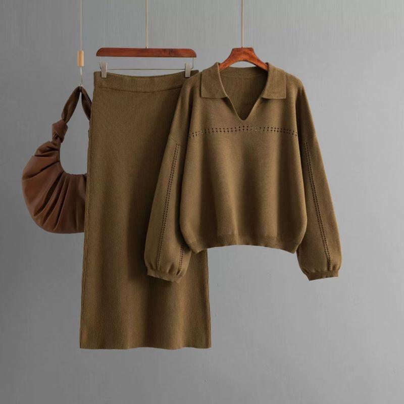 

Western Style Knitted Polo Collar Hollow out Loose Sweater Skirt sets Sweater and Skirt Set CAMEL All yards
