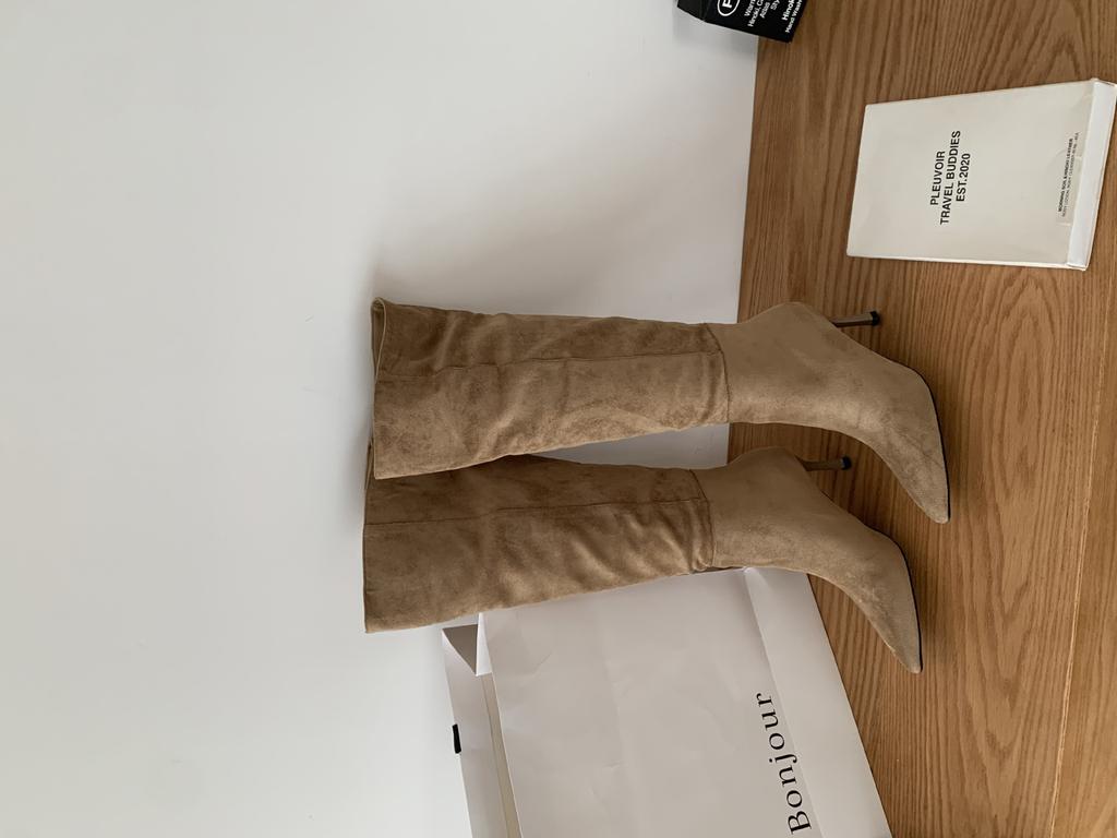 Pointed high-heeled over-the-knee boots women's 2025 new autumn French khaki fine-heeled pleated stacked boots knight boots