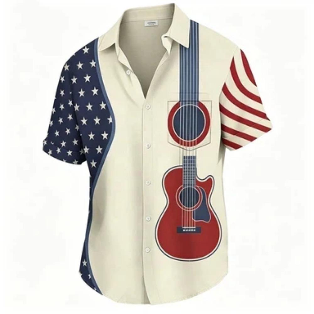 Herren Hemd mit Gitarren-Noten-Print, lässiges Kurzarm-Hemd mit Knöpfen, Sommer Oberteile mit Tasche
