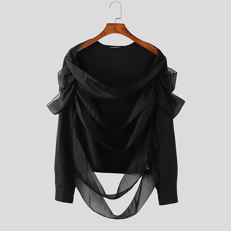 

INCERUN Men Scoop Neck Long Sleeve Hollow Out Mesh Patchwork Party Shirts S чёрный