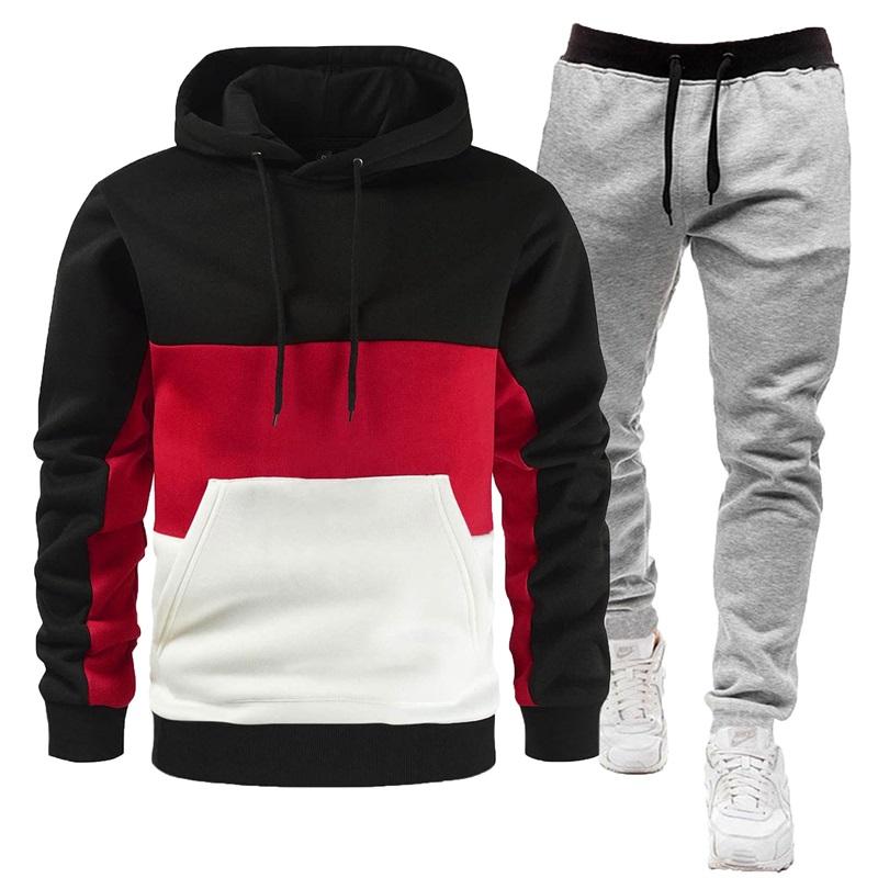 Men's Color Block Hoodie & Sweatpants Set Casual 2PCS Tracksuit, Drawstring Sportswear Outfit