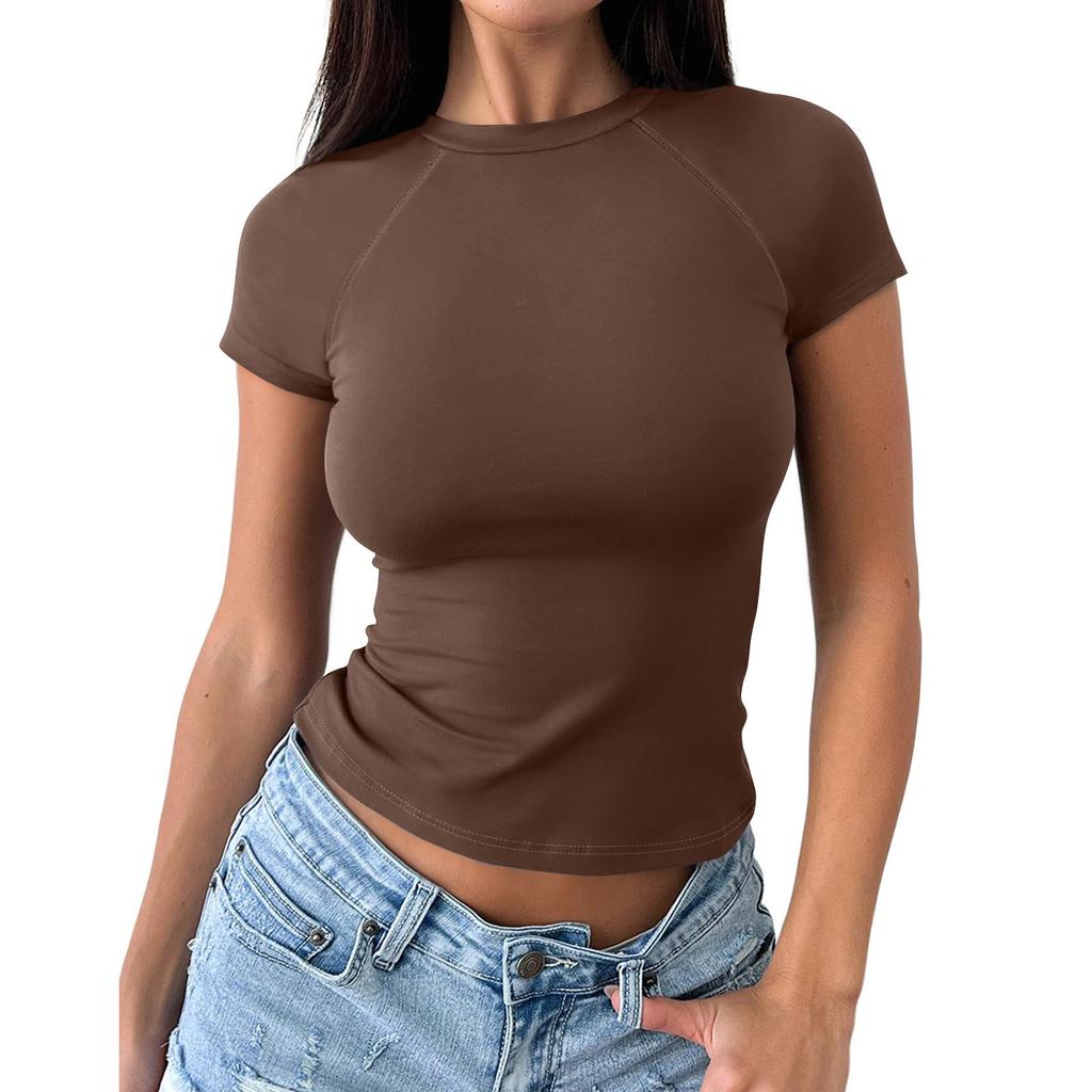 Women's Fashion Casual Slim Fit Raglan Short Sleeve Bottoming Shirt Outerwear Top