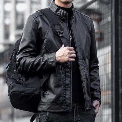 Autumn Stand Collar Leather Jacket Men's New Leather Jacket Imitation Sheepskin PU American Retro Motorcycle Jacket Waterproof Jacket Trend