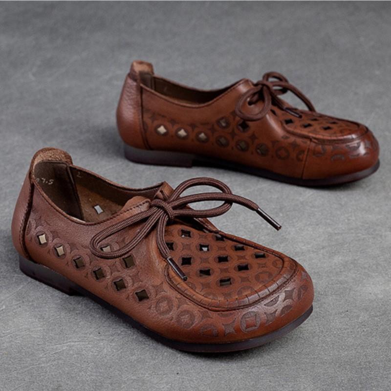 Johnature Sandales d'été confortables et décontractées ajourées pour femmes, chaussures plates respirantes à lacets en cuir véritable, semelle souple