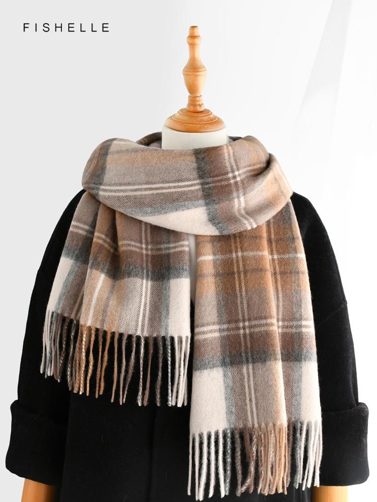Light Brown Plaid 100% Wool Scarf Autumn Winter Men Scarves Women Wraps Soft Warm Shawl Thin Lady Luxury Gifts British Style