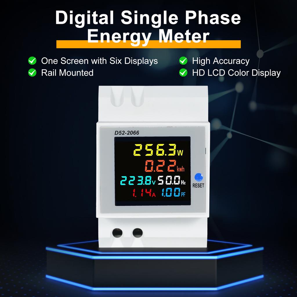 6 in 1 Digital Single Phase Energy Meter Tester Din Rail AC Monitor Voltage Current Power Factor Active KWH 100A Electricity Usage Monitor