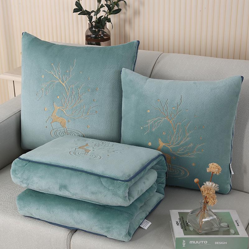 Dual-Use Pillow & Blanket: Crystal Velvet Embroidered Cushion for Car & Office Naps