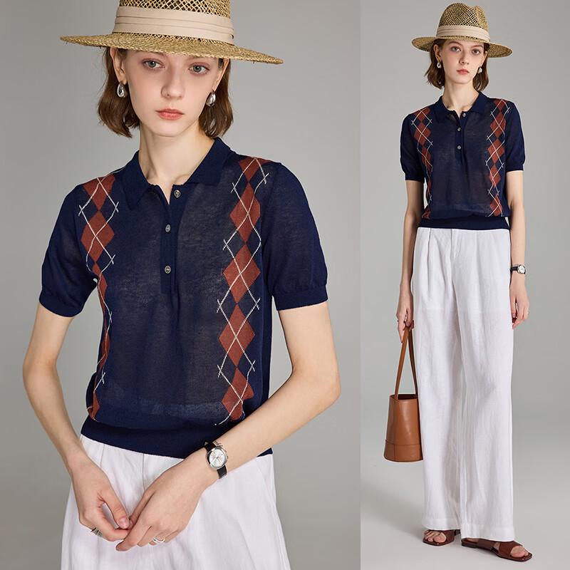 Women s Tencel Blend Diamond Knit Polo Top L