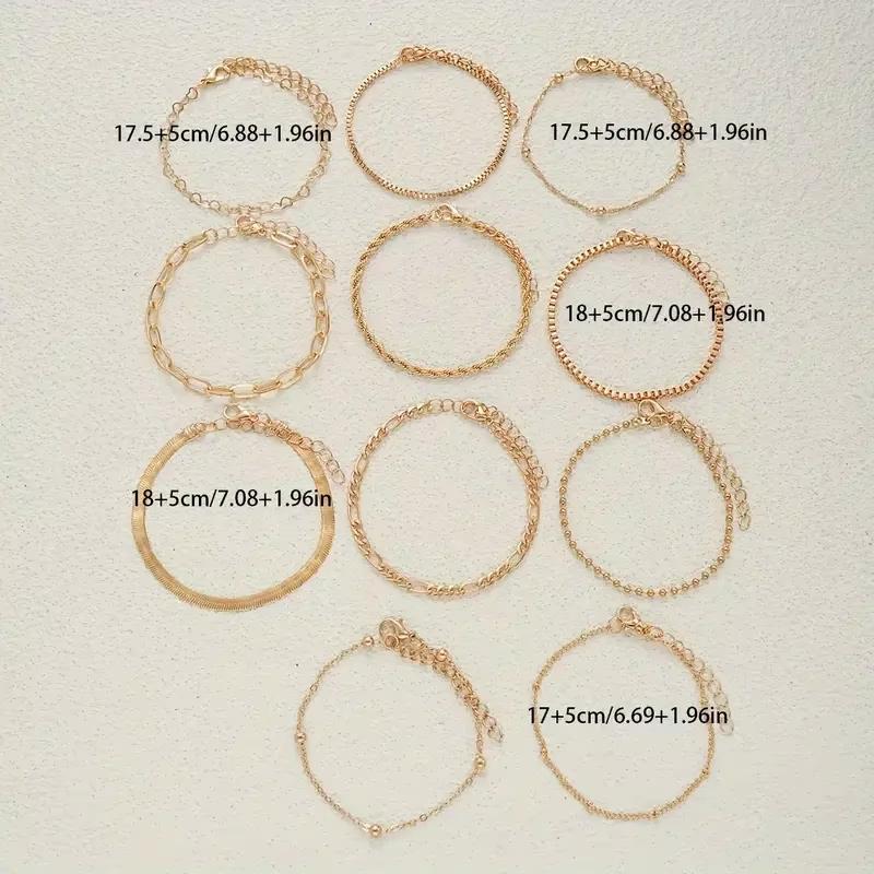 11 Pcs/Set Chic Snake Chain Bracelet Set for Women Boho Simple Elegant Heart Geometric Chain Vacation Date Casual Jewelry Gifts